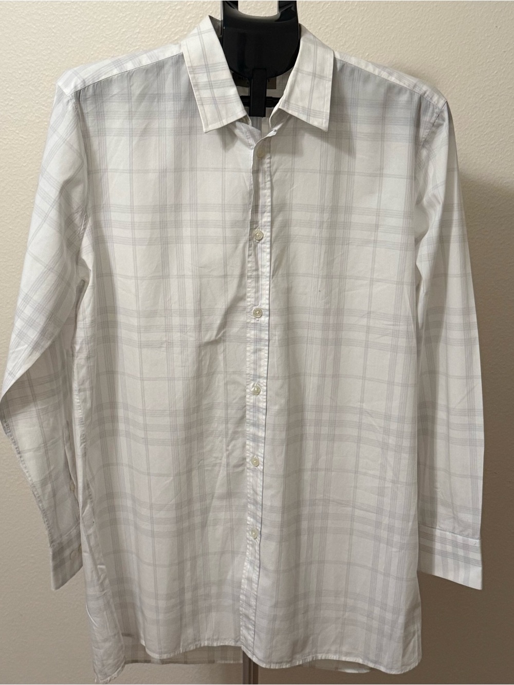 Burberry White & Light Gray Plaid Dress Shirt
